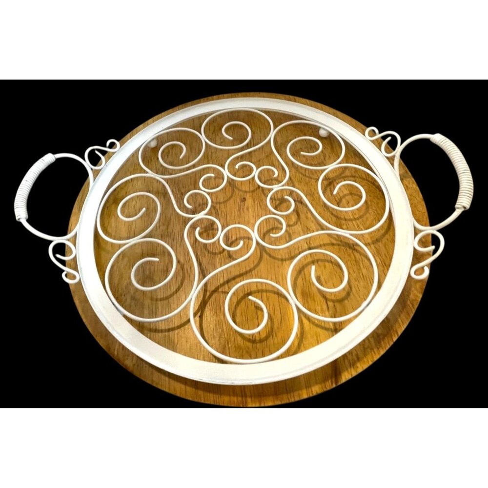 Vintage White Metal Round Serving Tray  with Scrollwork Handles & Frame